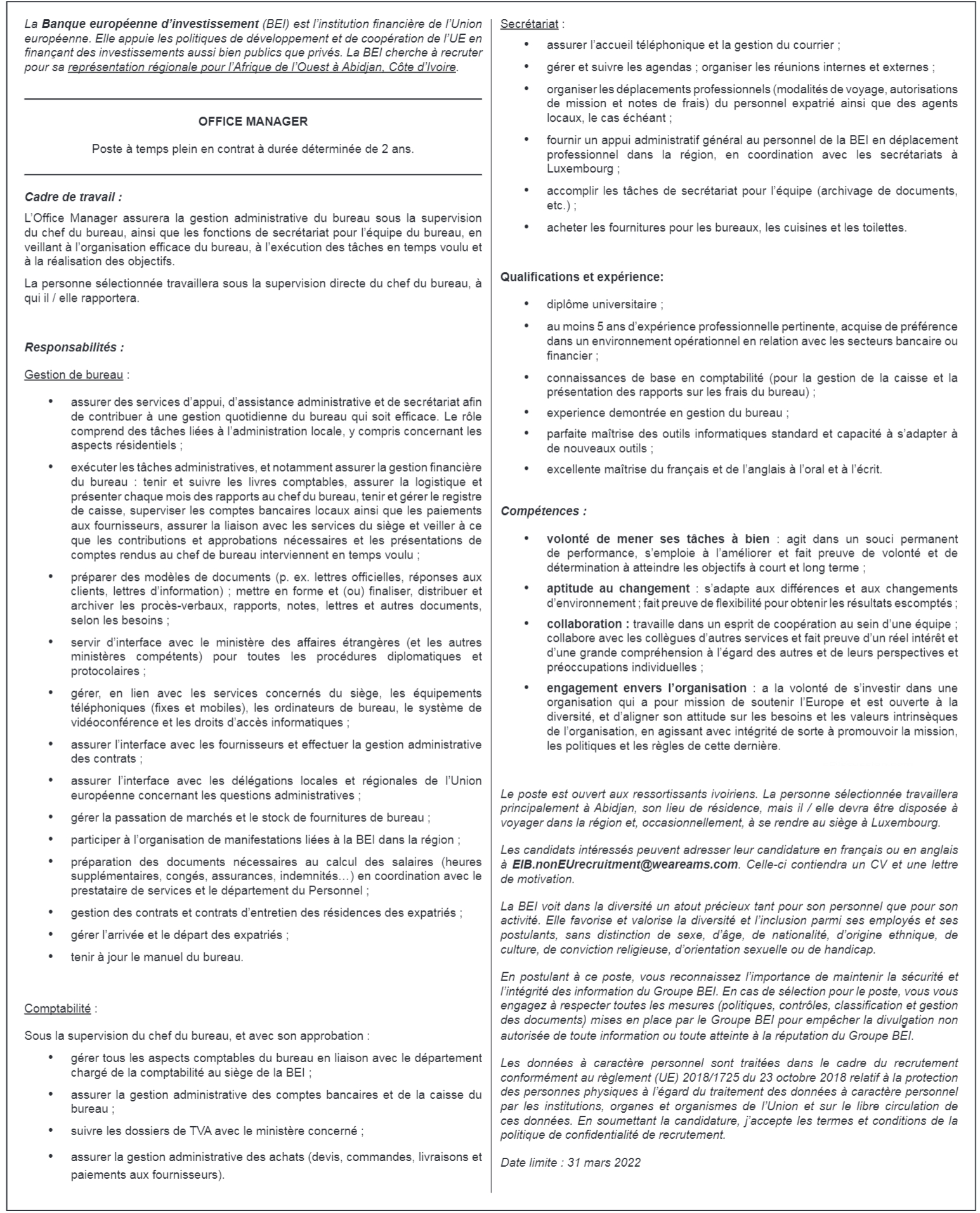 Recrutement de 01 Office Manager